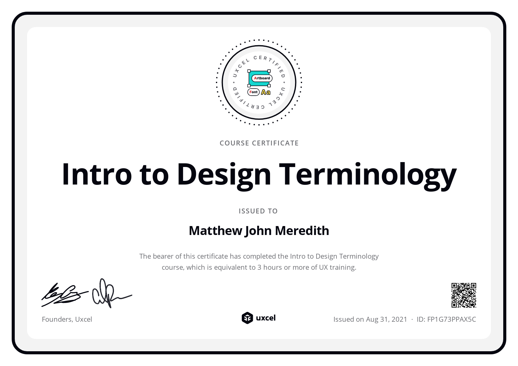 Matthew John Meredith's certificate